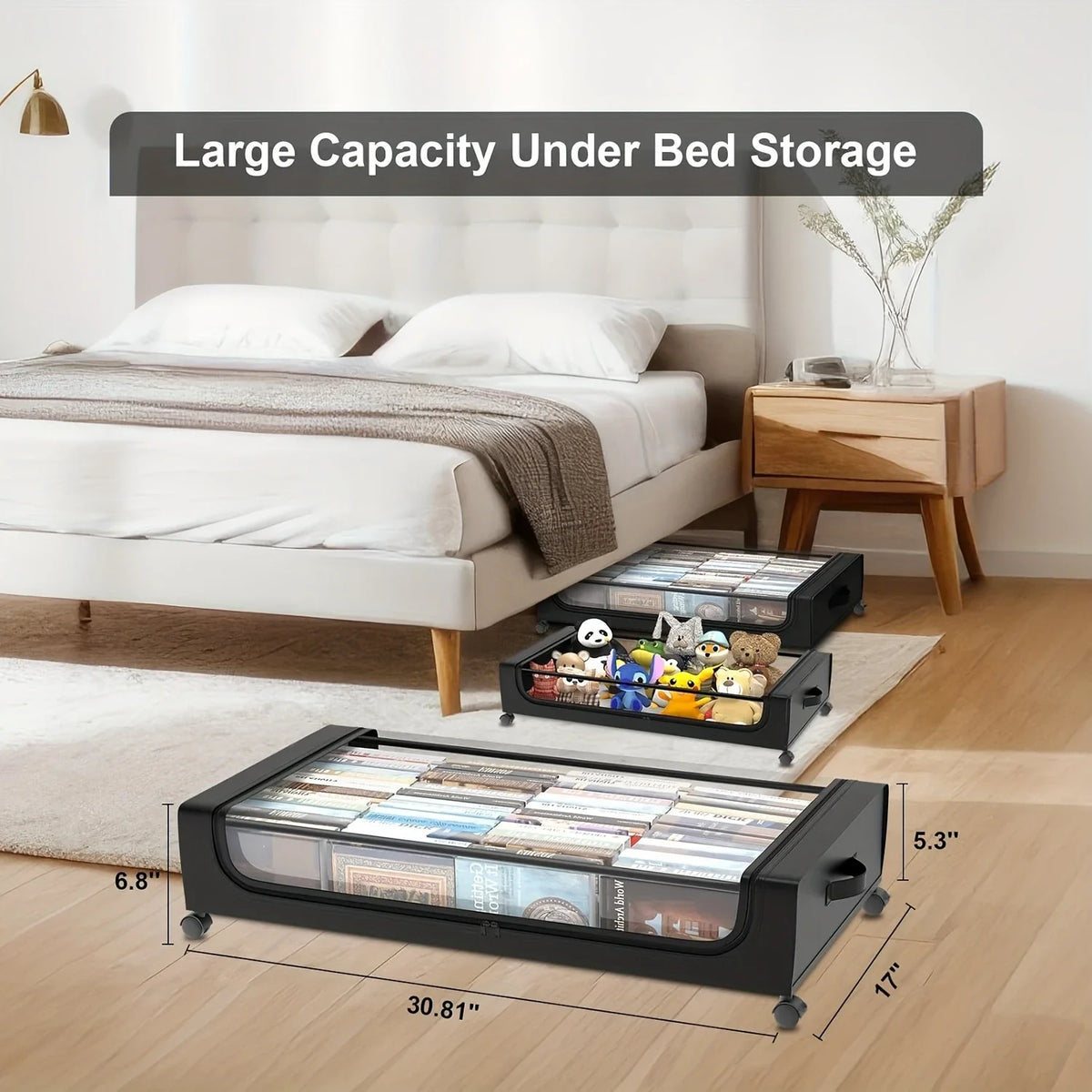 2026 Underbed Storage Container With Wheels Lids Space Saving Pull Out Organizer for Clothes Shoes Bedroom Dorm Household Use