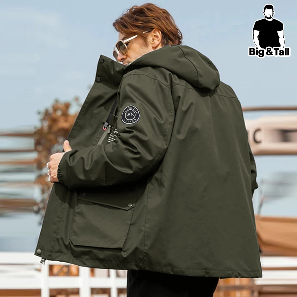 Men's Plus Size Multi-Pocket Hooded Drawstring Windbreaker Jacket, Sports Casual Outdoor Workwear Loose Jacket Hiking Clothes