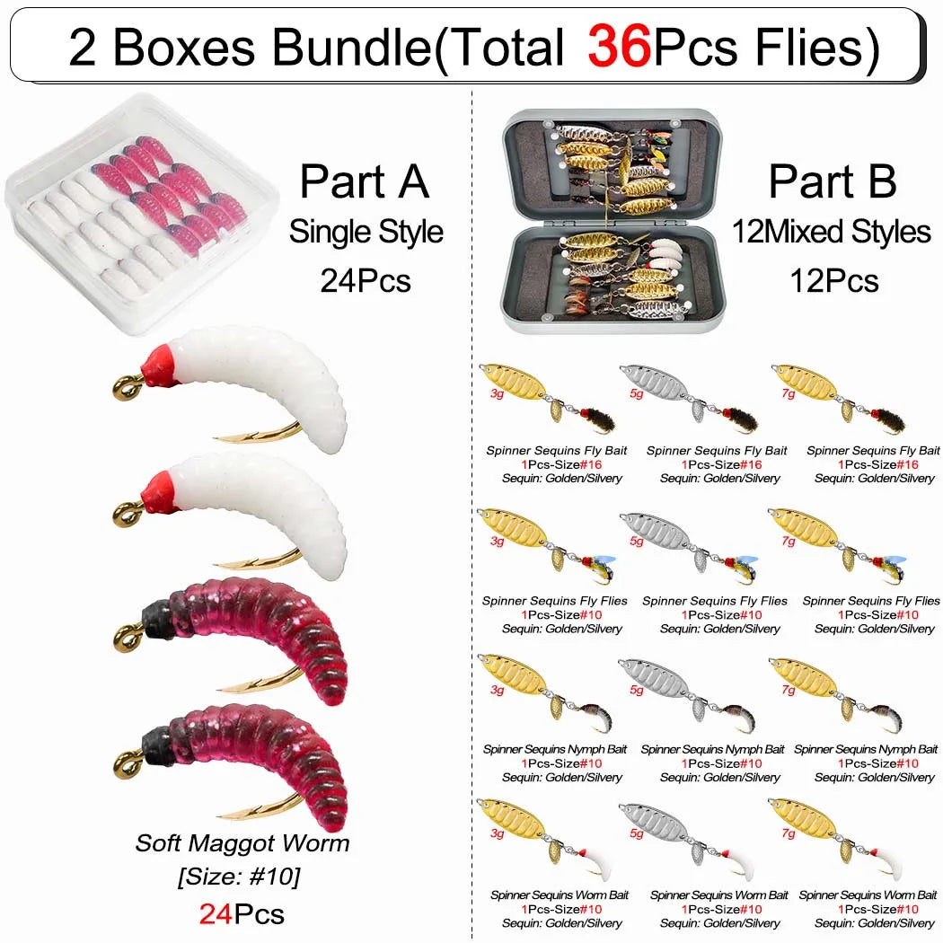 2 Boxes Bundle(Total 36Pcs Flies)Artificial Fly Fishing Flies Kit-Size #10-#16 -Dry Wet Fly Fishing Sequin Lures for Trout Salmon
