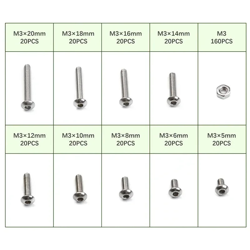 340PCS/SET M3 Stainless Steel Hex Socket Screws Nut Set With Box