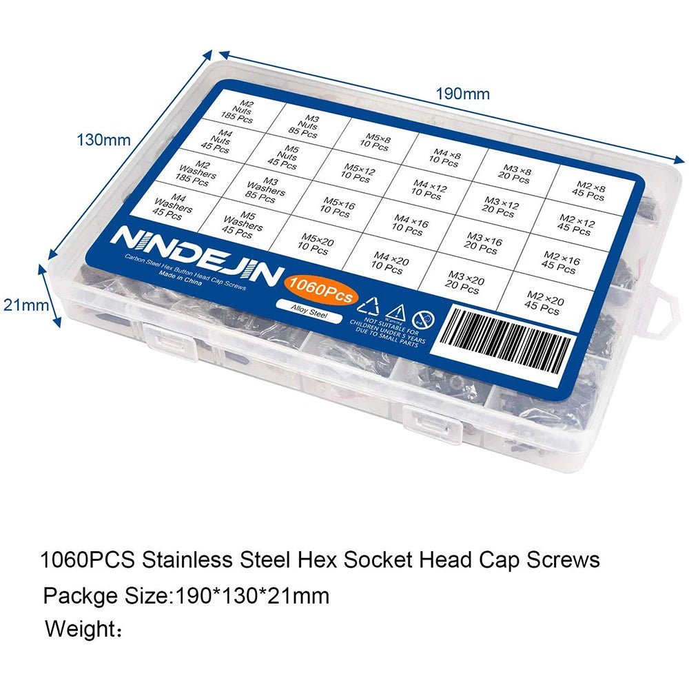 1060pcs M2 M3 M4 M5 Hex Socket Screw Set Carbon Steel Flat Round Cap Head Screws Bolts and Nuts Assortment Kit with Storage Box