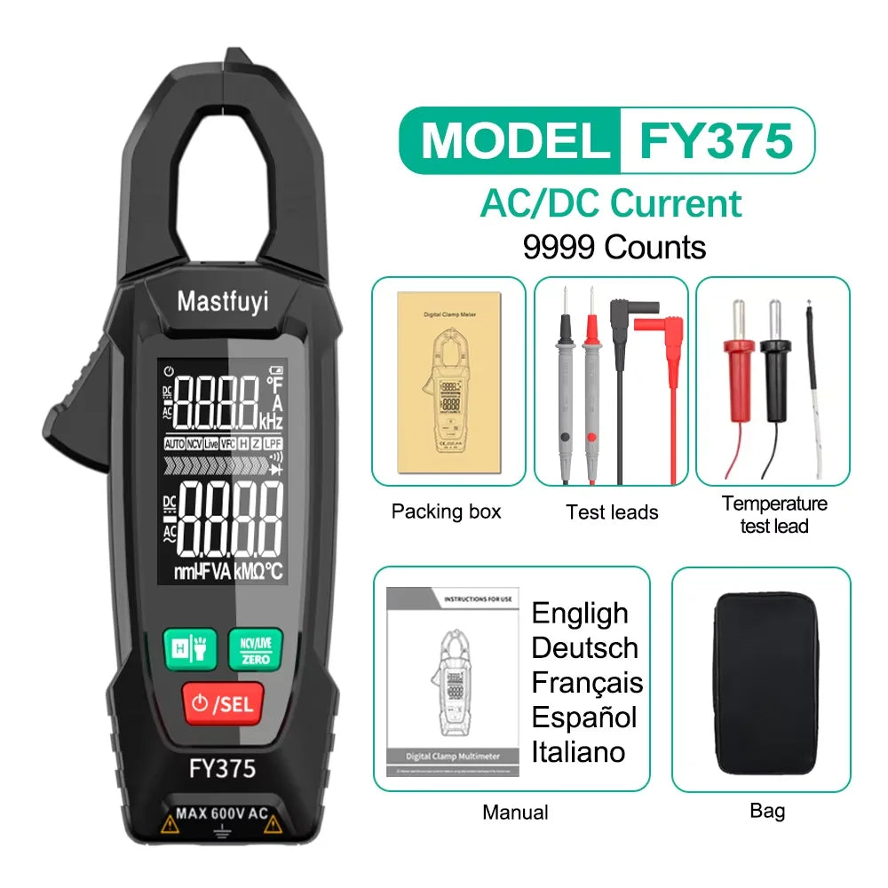 MASTFUYI AC Current Clamp Meter Digital 10000 Count Multimeter Ammeter Voltage Tester Car Amplifier Hz Capacitance NCV Ohm Tool