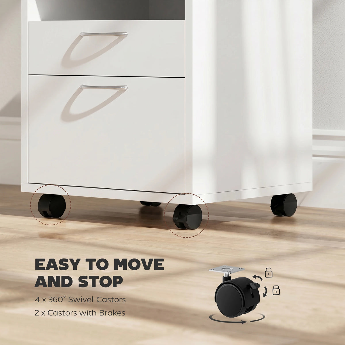 HOMCOM Mobile Storage Cabinet Organizer with Drawer and Cabinet, Printer Stand with Castors, White
