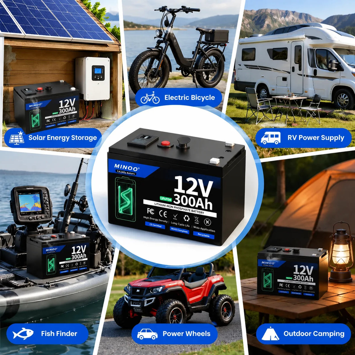 LiFePO4 12V 300AH 12V 200AH Battery Free Charger 12V Lithium Battery Built-In 300A BMS 6000+ Cycle For Solar RV Marine Energy
