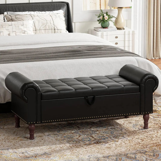 YOUDENOVA 51” Ottoman with Storage, Upholstered Storage Ottoman Bench with Rolled Arms, PU Leather Storage Bench for Bedroom, Li