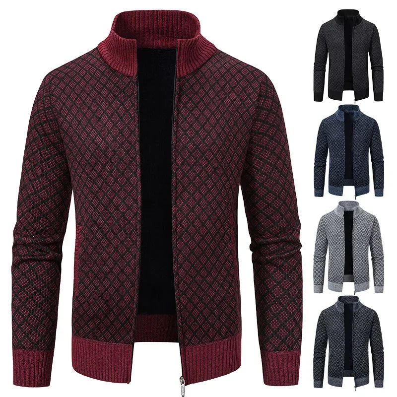 2026 Men's Casual High Collar Long Sleeve Knitted Top with Velvet Warmth for Autumn and Winter Fashion Multi Functional Jacket