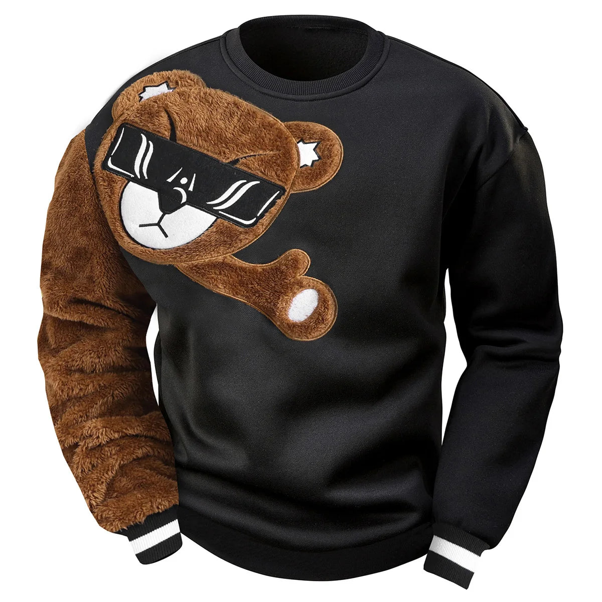 Men's Fashion Patchwork Bear Print Crew Neck Pullover Sweatshirt, New Autumn Style for Young and Middle-Aged Outdoor Casual Wear