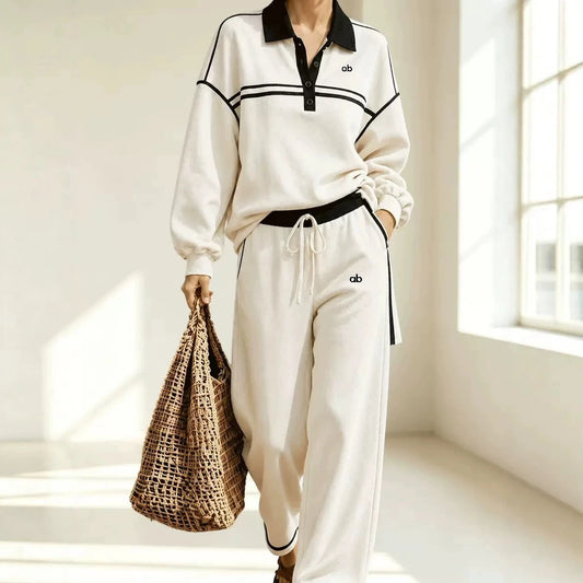 Women Striped Spliced Zip‑Up Sweatshirt 2PCS Suit Oversize Straight Leg Pant Loose Casual Sporty Fitness Streetwear Daily Outfit