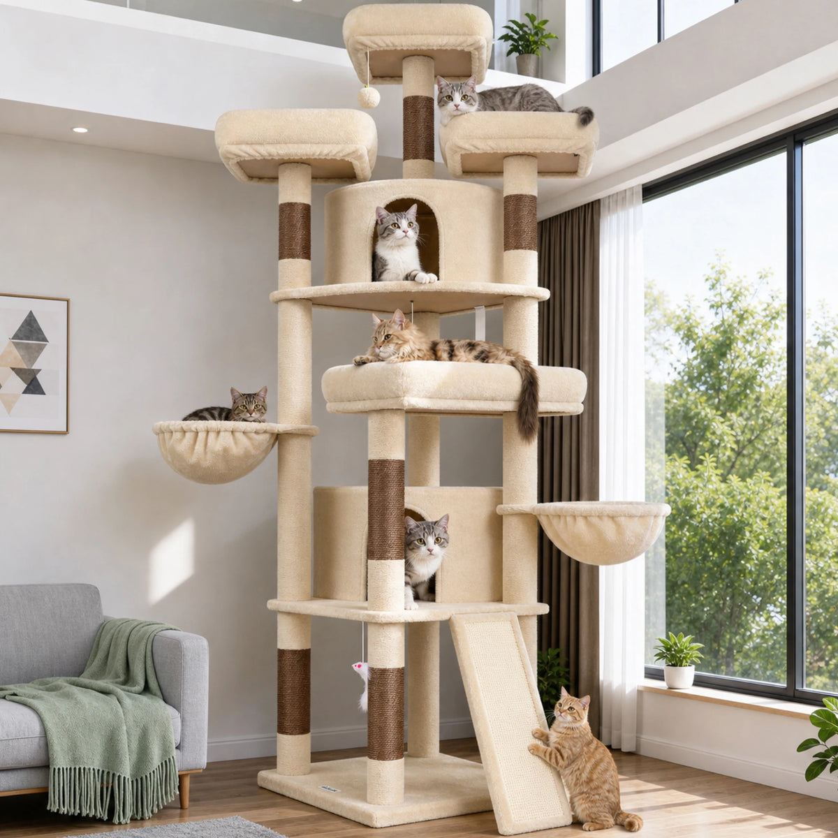 Globlazer  Large Cat Tree for Large Cats Multi-Level Big Cat Condo with Sisal Scratching Posts Hammocks