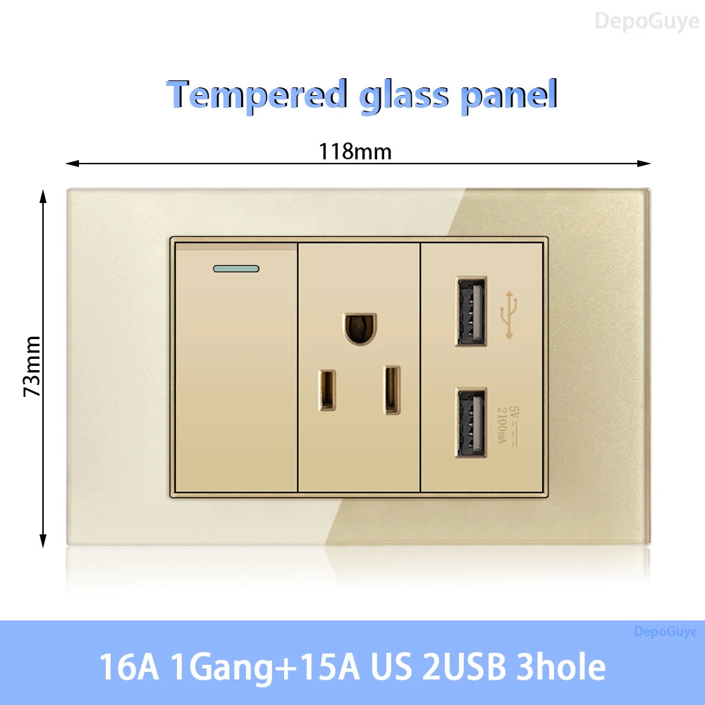 American Standard Dual Wall Usb Plug Socket, Household Mexico US Tempered Glass Light Switch Outlet Adapter Type-C Fast Charging