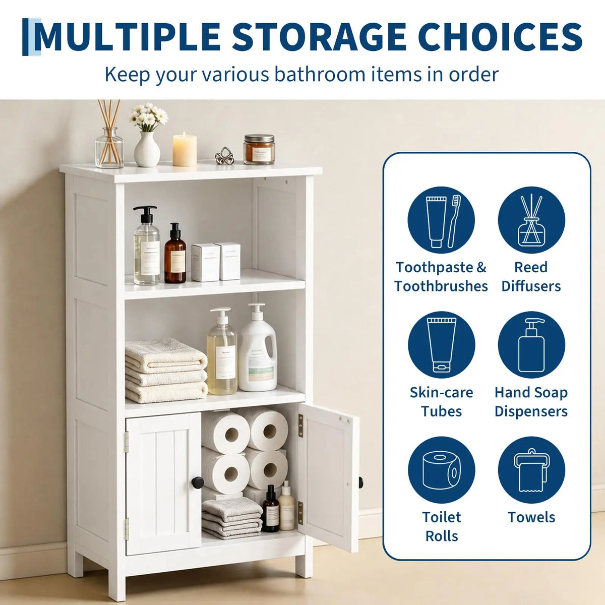 Freestanding Narrow Storage Cabinet with Doors, Adjustable Shelves Slim Floor Organizer for Bathroom or Entryway, Toilet Paper Storage