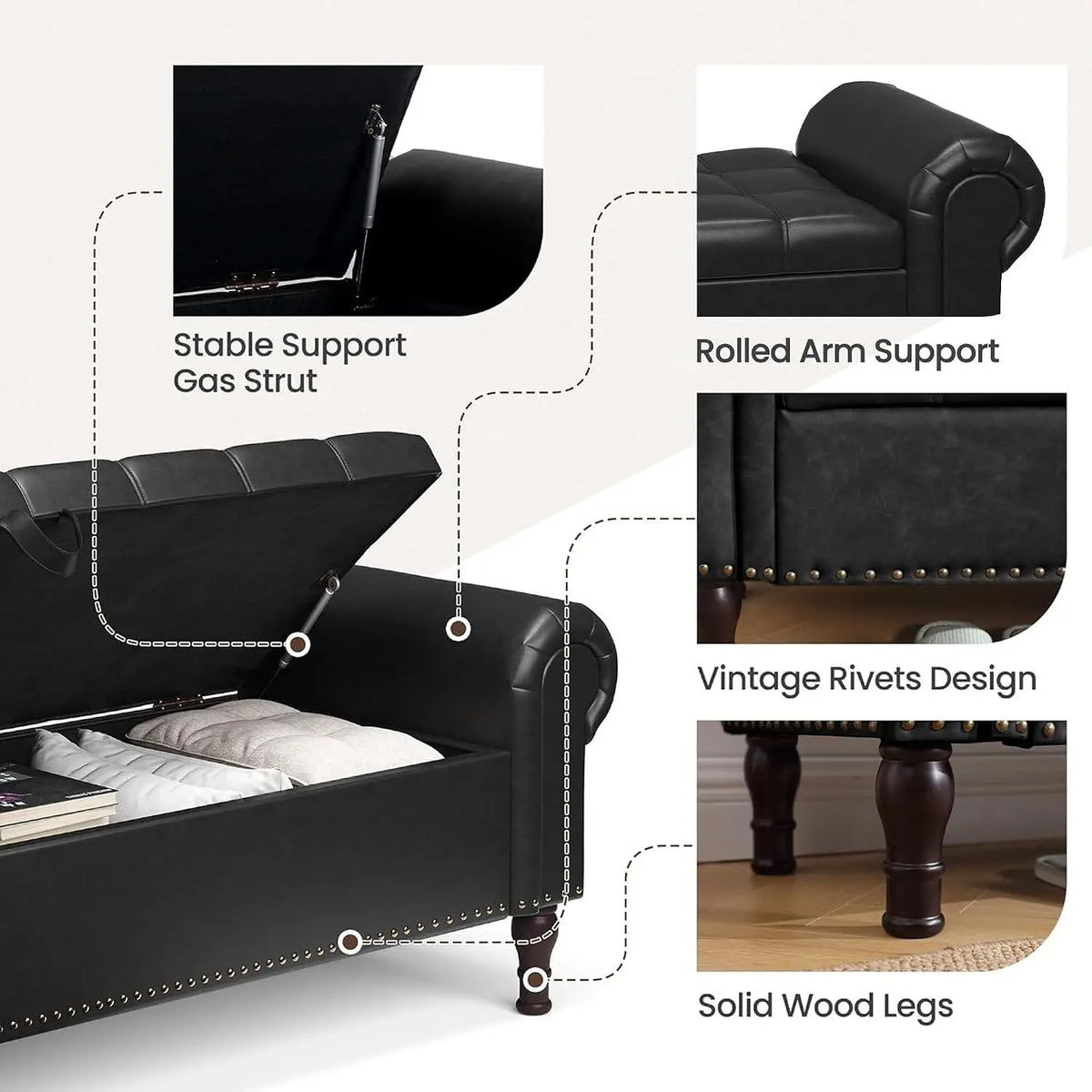 YOUDENOVA 51” Ottoman with Storage, Upholstered Storage Ottoman Bench with Rolled Arms, PU Leather Storage Bench for Bedroom, Li