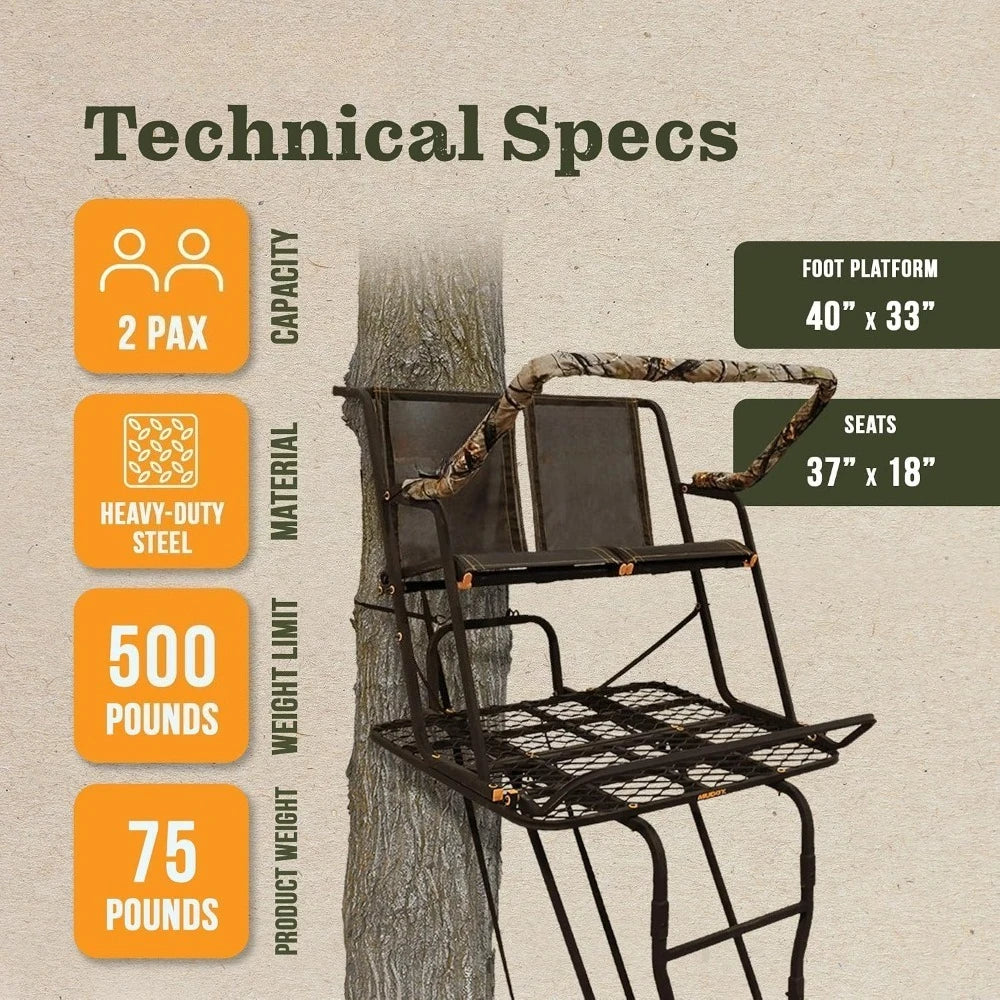 2-Person Ladder Tree Stand 17' Tall for Deer Hunting, Black with Safety Harness