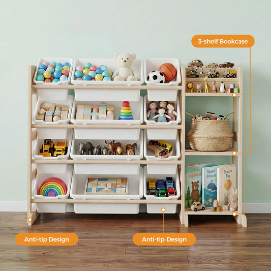 Solid Wood Kids Toy Memory Organizer Cabinet – 12 Bins & 3 Open Shelves – Wide Bookshelf Unit for Playroom, Nursery, Bedroom – 42" Wide