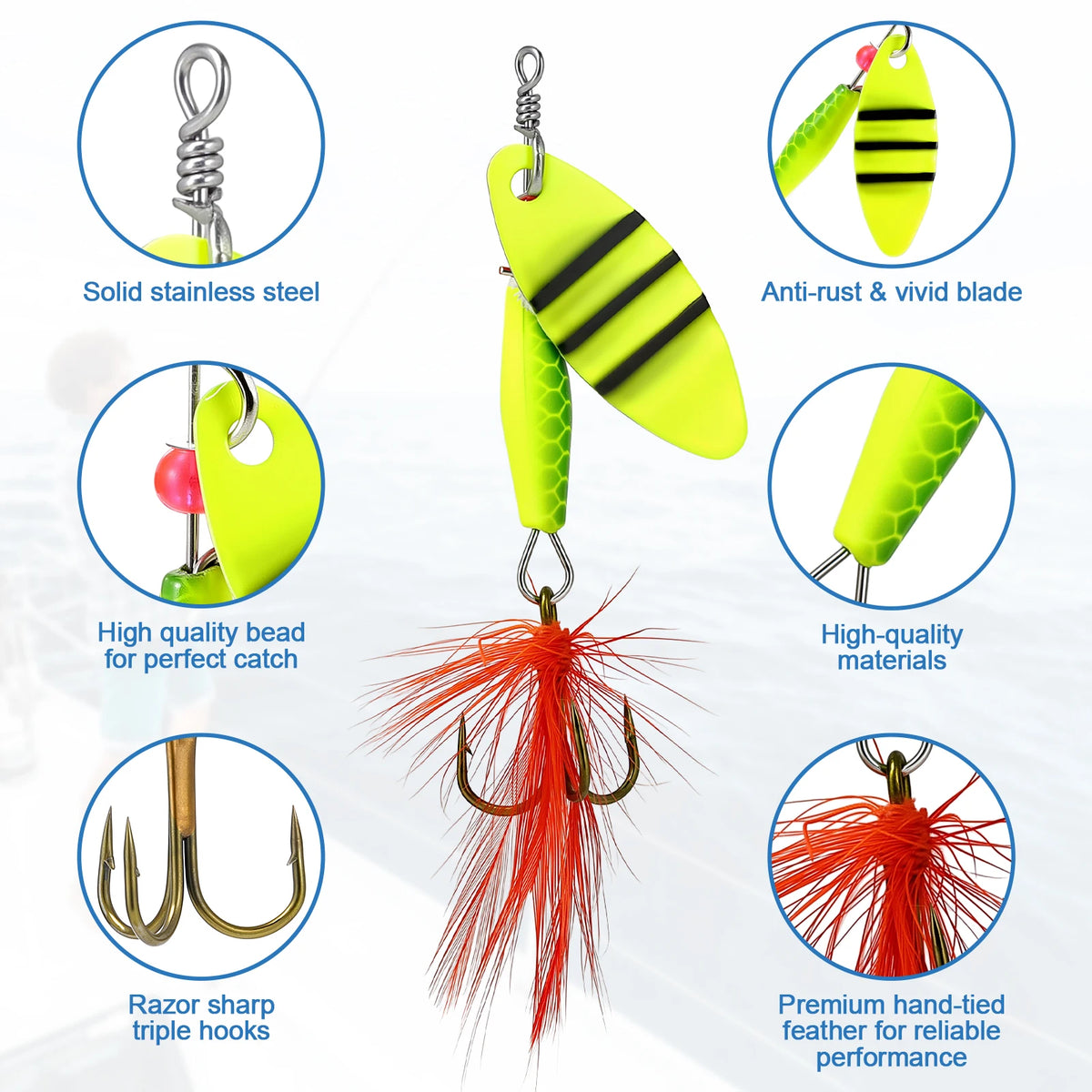 16pcs Spinner Baits Metal Lures Professional Fishing Gear for Bass Trout Salmon Freshwater Saltwater Tackle Box Kit Durable