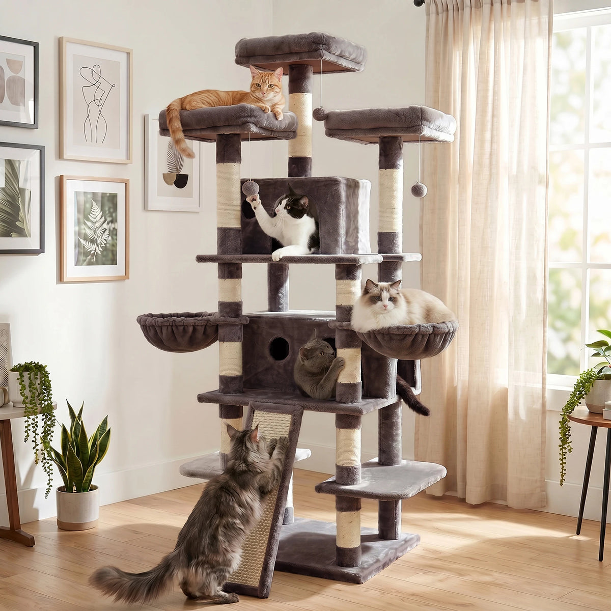 FOOWIN 173cm 68in Large Multi Level Cat Tree Tower Indoor Activity Center 2 Condos 3 Plush Perches Scratching Post Kitten Pet