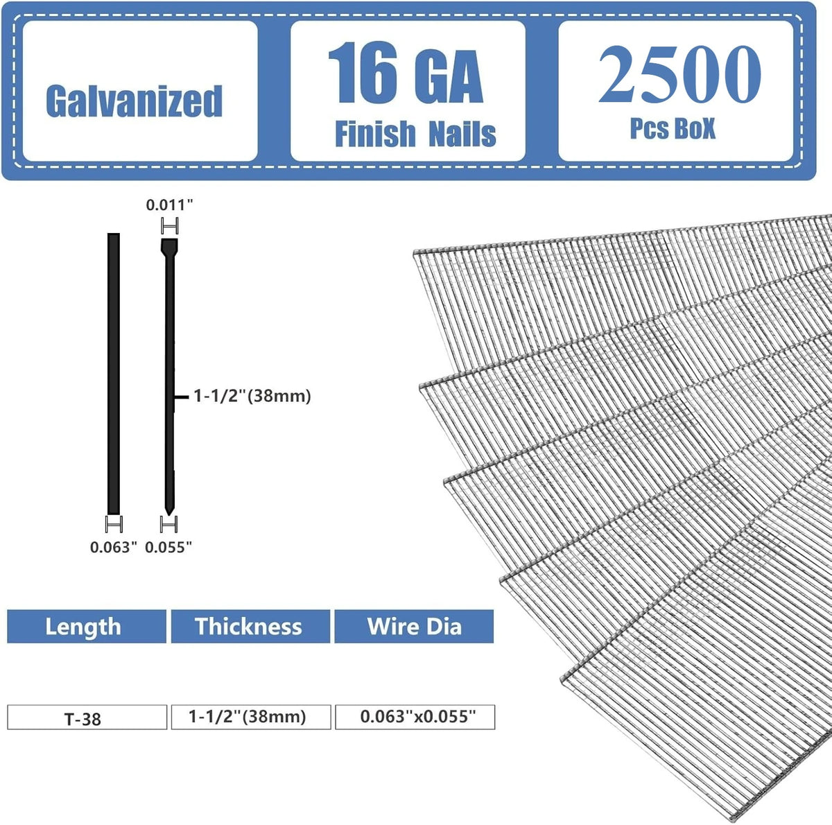Straight Finish Nails, 16 Gauge, 900/1500/2500-Pack (1-1/2", 1-3/4", 2"), Galvanized, Assorted Size Project Pack