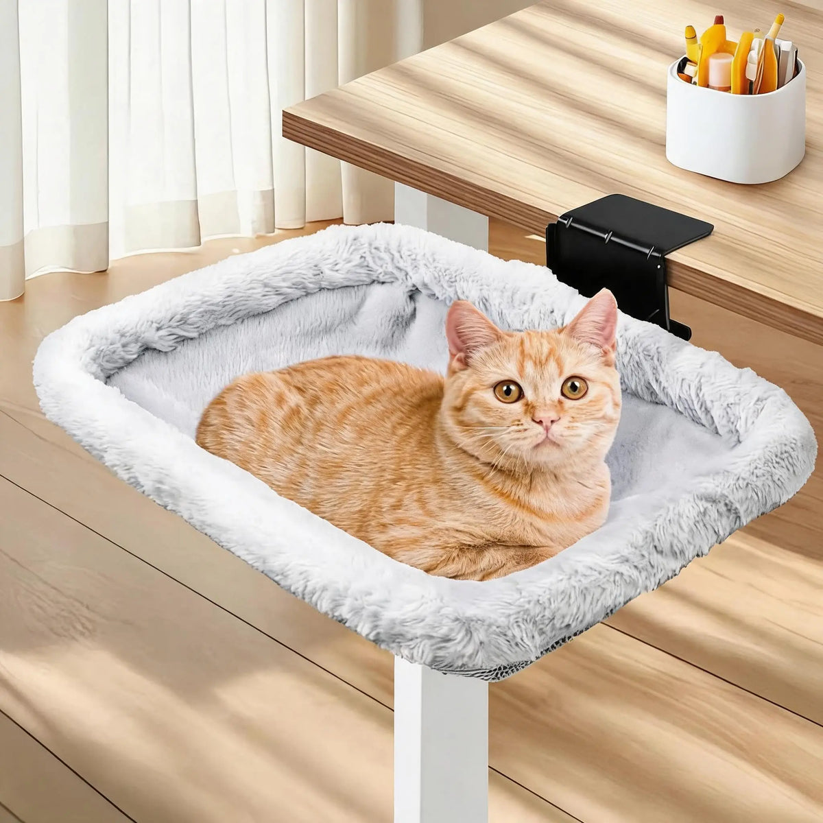 Fold-Down Cat Desk Bed, Space-Saving Desktop Cat Hammock, Breathable Sandwich Mesh, Faux Rabbit Fur, Pet Lounger for Home Office, 40 lbs Capacity