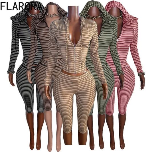 FLARORA Stripe Print 2 Piece Sets Woman Hooded Zip Full Sleeve Slim Crop Jackets+Skinny Peach Hip Capri Pants Street Tracksuits