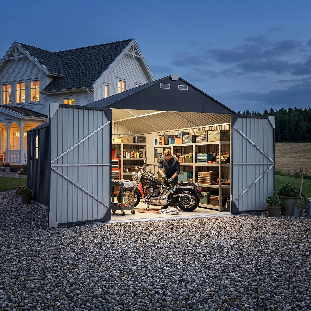 12x20 FT Large Outdoor Metal Storage Shed, Galvanized Steel Utility Shed, Side Windows & Roof Vents, Weatherproof, Custom
