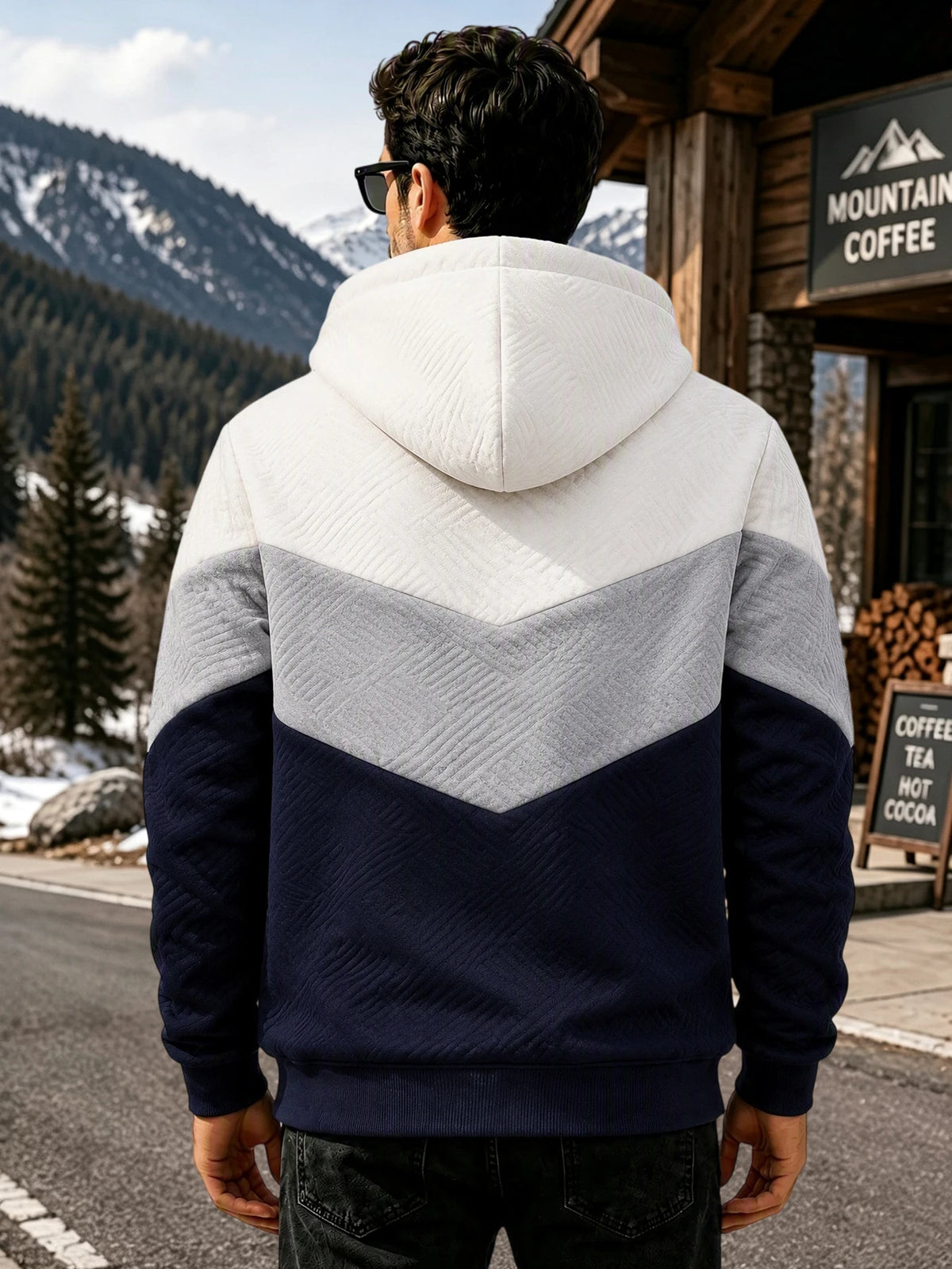 Men's Hooded Pullover Sweatshirt Sherpa Lined Chevron Colorblock Winter Warm Fleece Hoodie Sweatshirt Zipper Pockets Casual Daily Wear