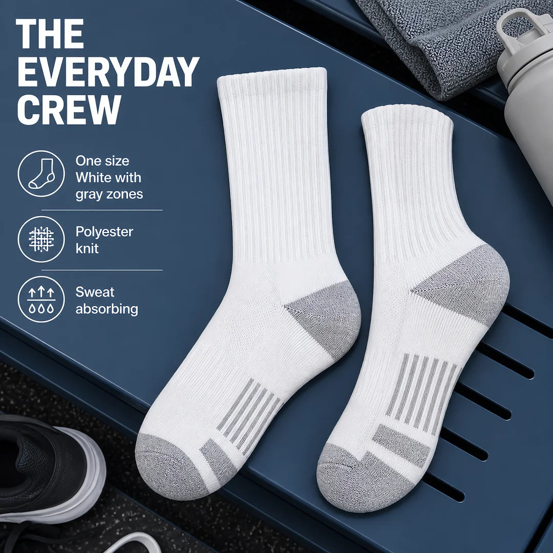 6 Pairs Crew Socks, Athletic Socks Men Women, Zoned Cushioning Socks, Ribbed Cuff Socks, Gray Heel Toe Socks, Striped Sole Socks, Performance Sports Socks, Breathable Running Socks, Everyday Casual Socks