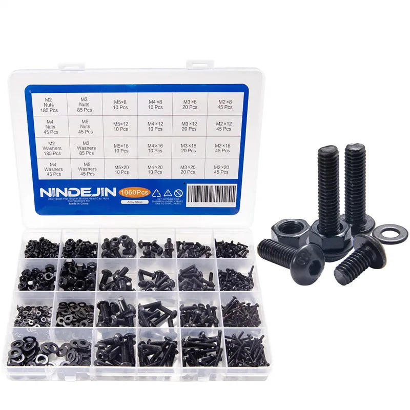 1060pcs M2 M3 M4 M5 Hex Socket Screw Set Carbon Steel Flat Round Cap Head Screws Bolts and Nuts Assortment Kit with Storage Box