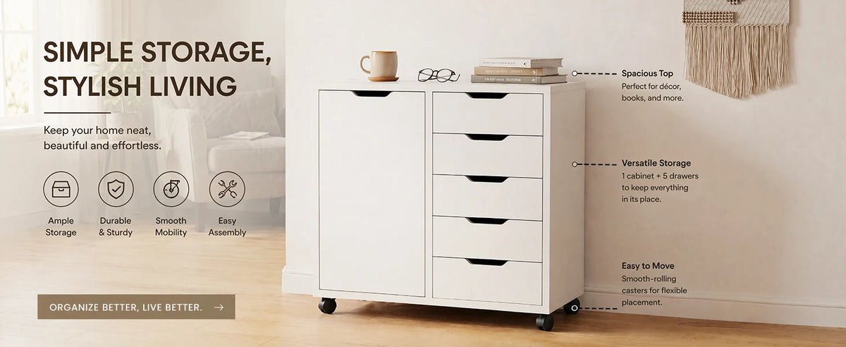5 Drawer Wood Cabinet File Storage Cabinet with Adjustable Shelf Wheels Mobile Printer Stand for Home Office Study Room White