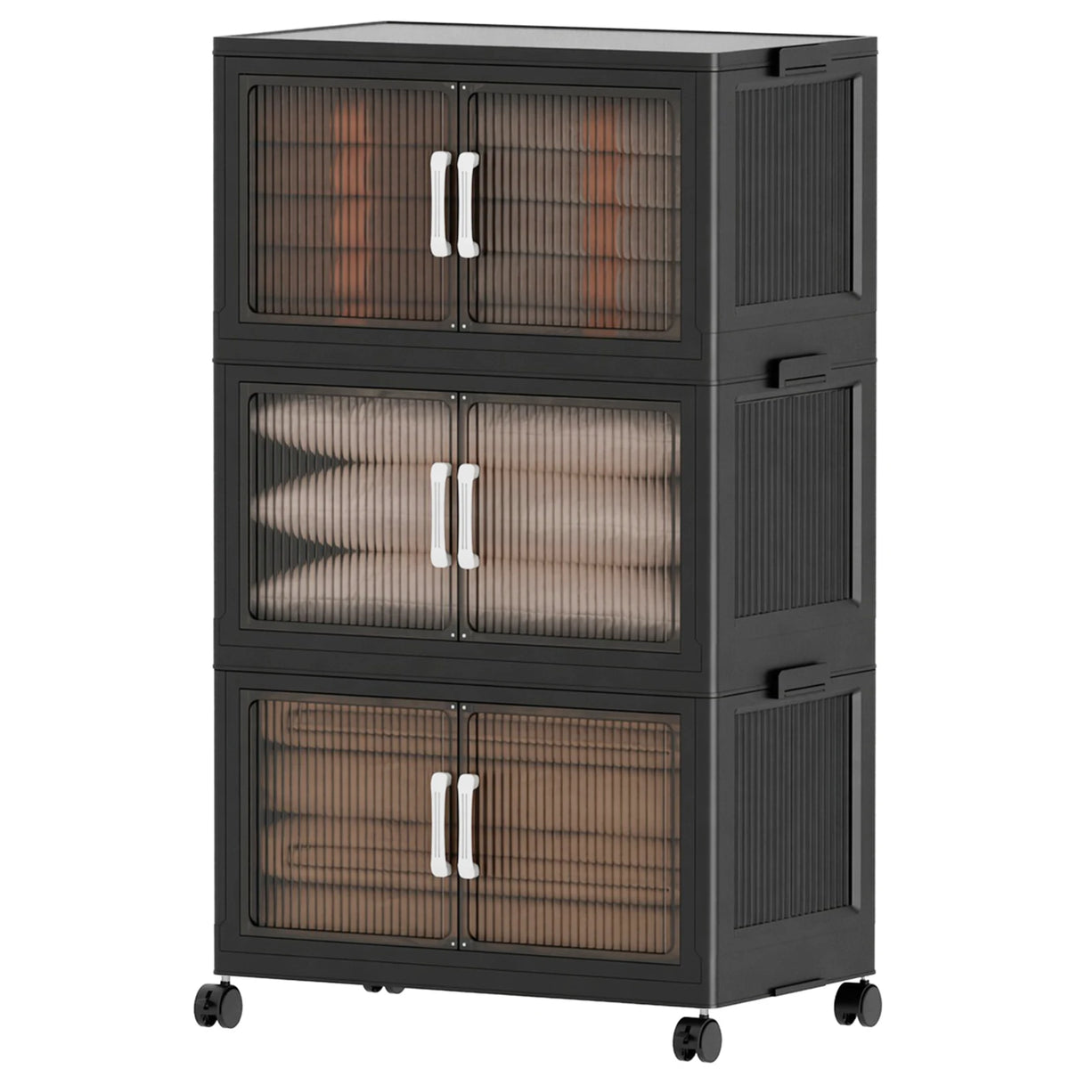 5‑Tier Foldable Plastic Storage Cabinet with Rolling Wheels, Stackable Closet Organizer with Flap Doors, Multifunctional Dust‑Proof Storage Shelf for Bedroom Living‑Room Kitchen