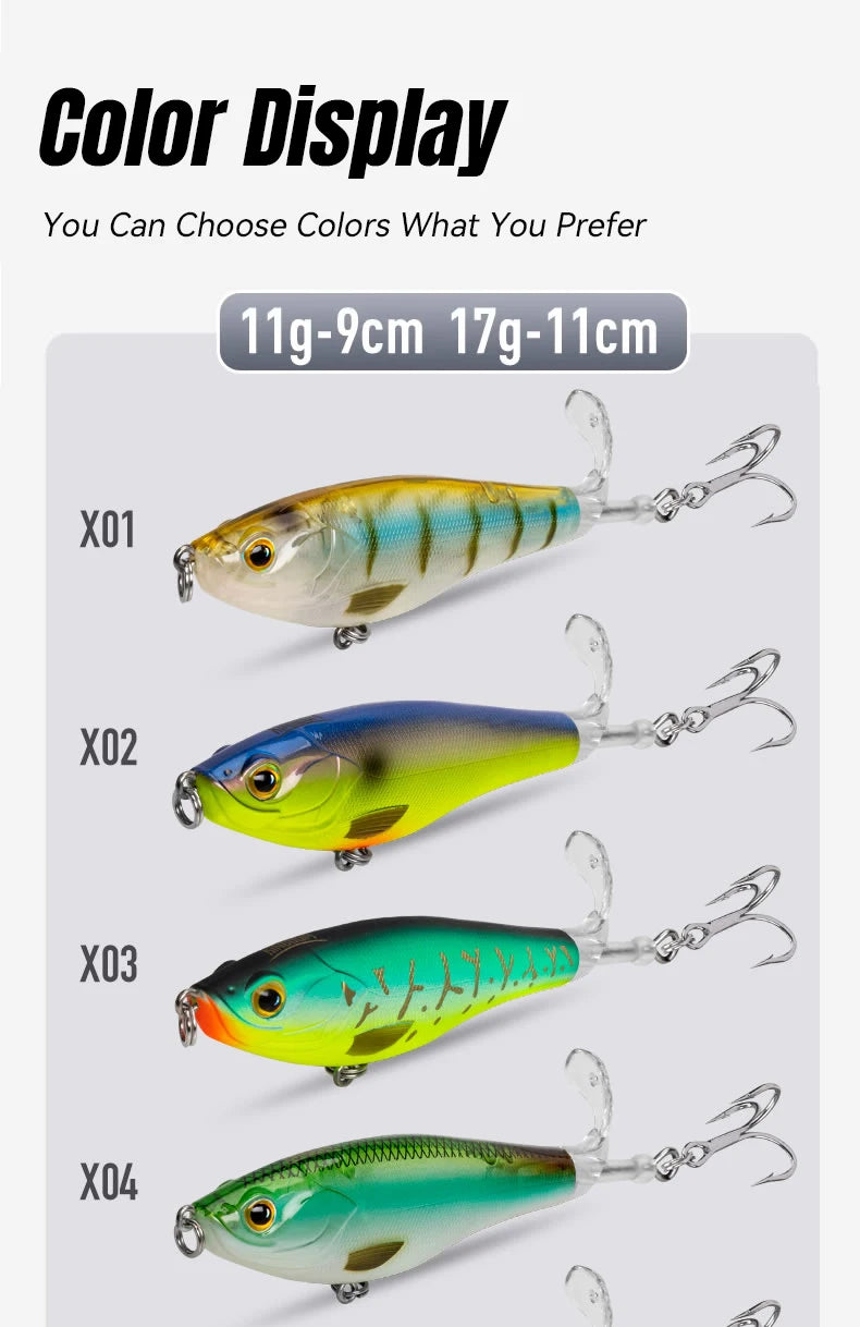 Kingdom 3PCS Topwater Lure Set 90mm/11g & 110mm/17g Artificial Popper Whopper Plopper Hard Wobblers for Bass Trout Pike Zander Fishing
