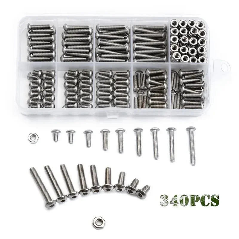 340PCS/SET M3 Stainless Steel Hex Socket Screws Nut Set With Box