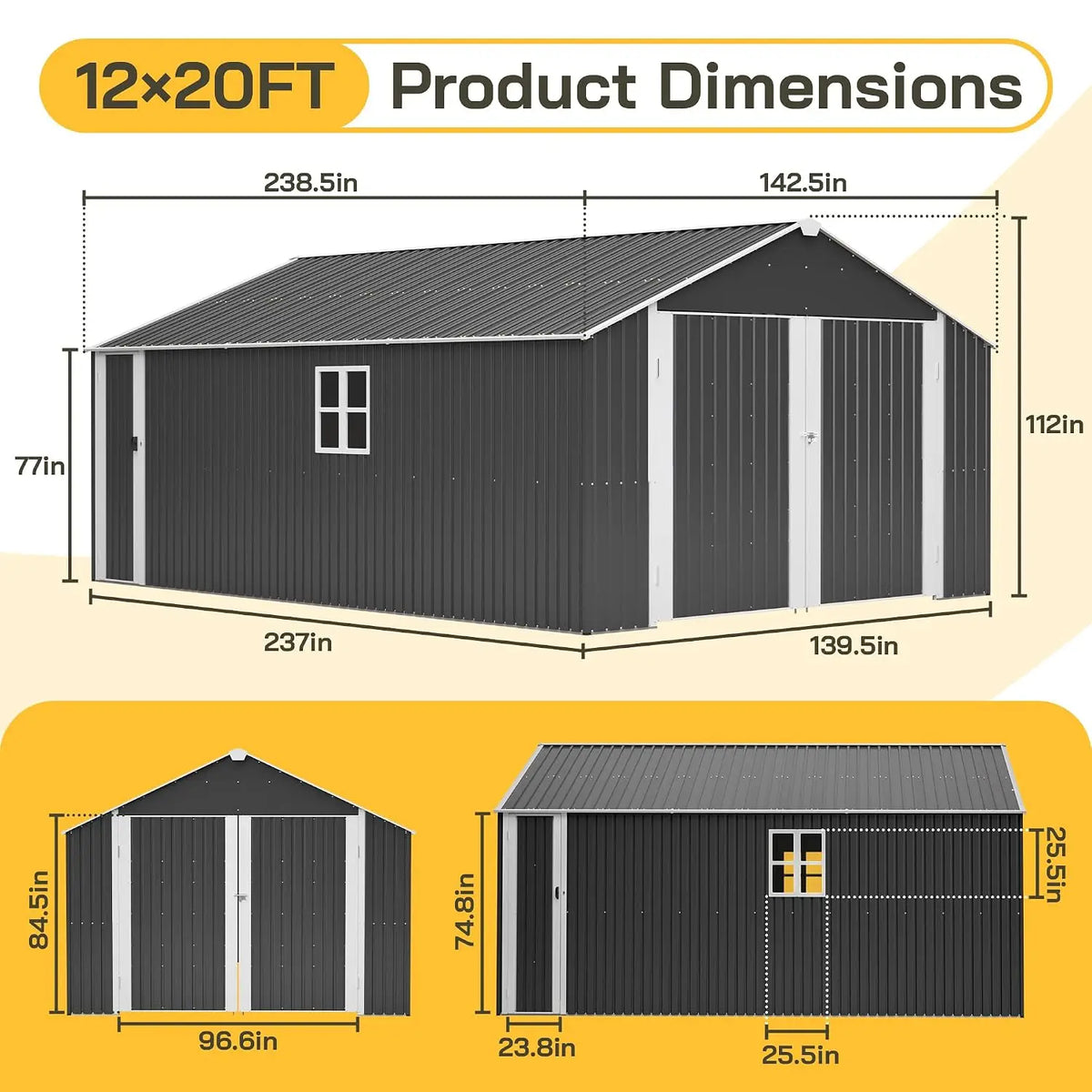 12x20 FT Outdoor Storage Shed, Large Metal Garage Shed, Spacious Vehicle Equipment Storage, Reinforced Double Hinged, Custom