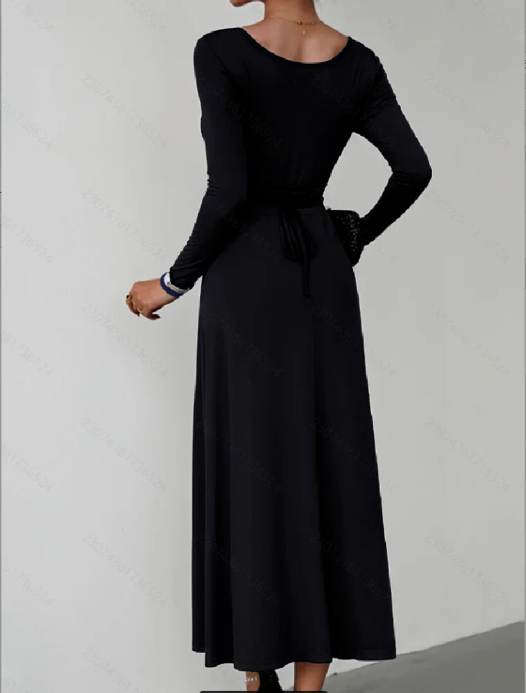 Fashionable Elegant Pure Color Square Neck Slim Long Sleeve Women's Dress Autumn Winter New Style Classy Simple Design