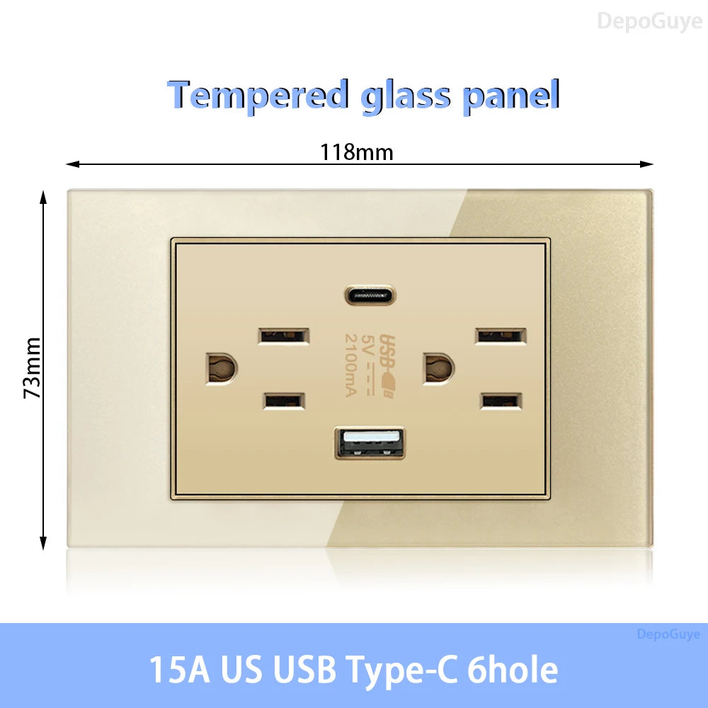 American Standard Dual Wall Usb Plug Socket, Household Mexico US Tempered Glass Light Switch Outlet Adapter Type-C Fast Charging
