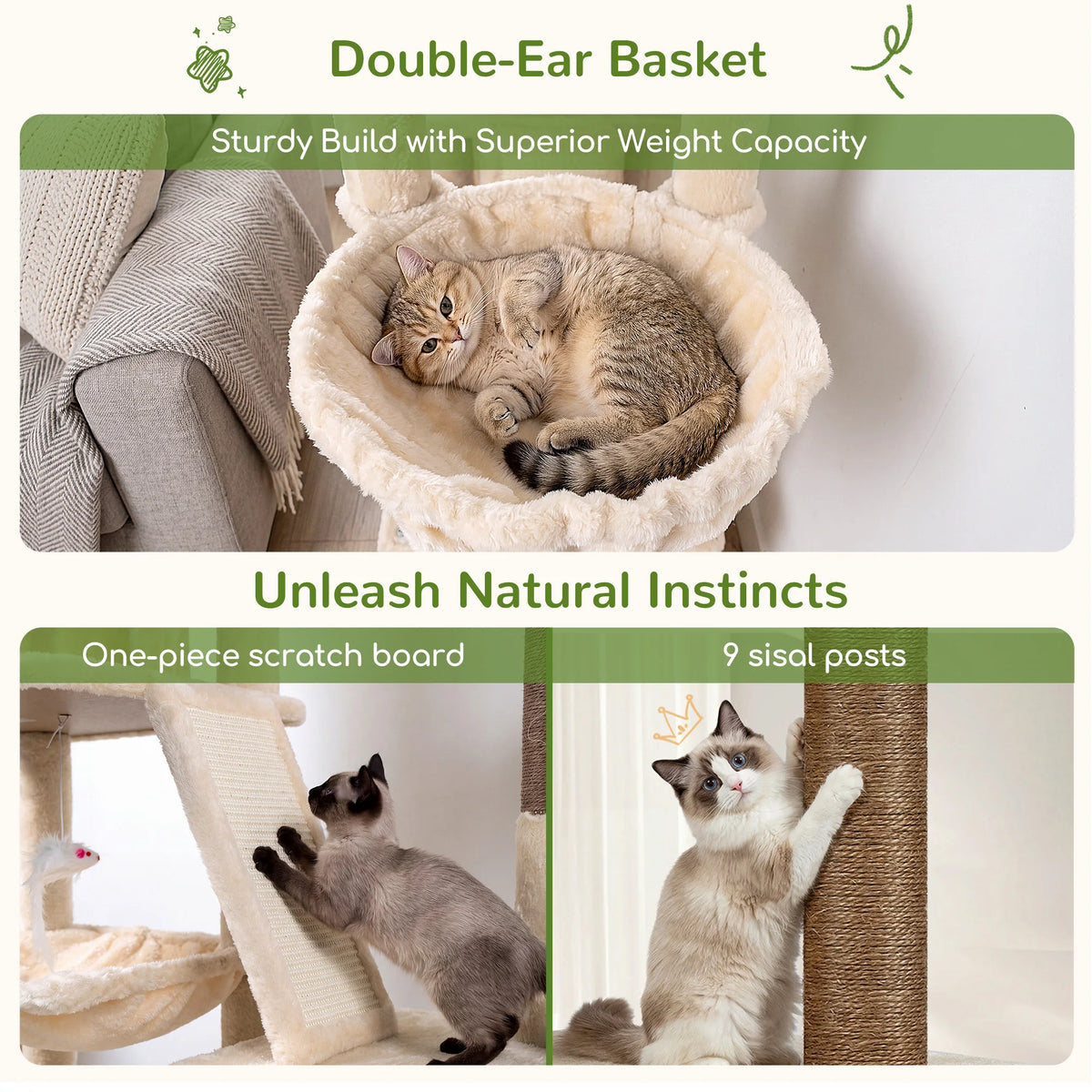 Globlazer 59" Multi-Level Cat Tower for 2-3 Cats, Large Cat Tree with 2 Condos, 3 Hammocks & Sisal Scratching Posts, Sturdy Indoor Cat Condo