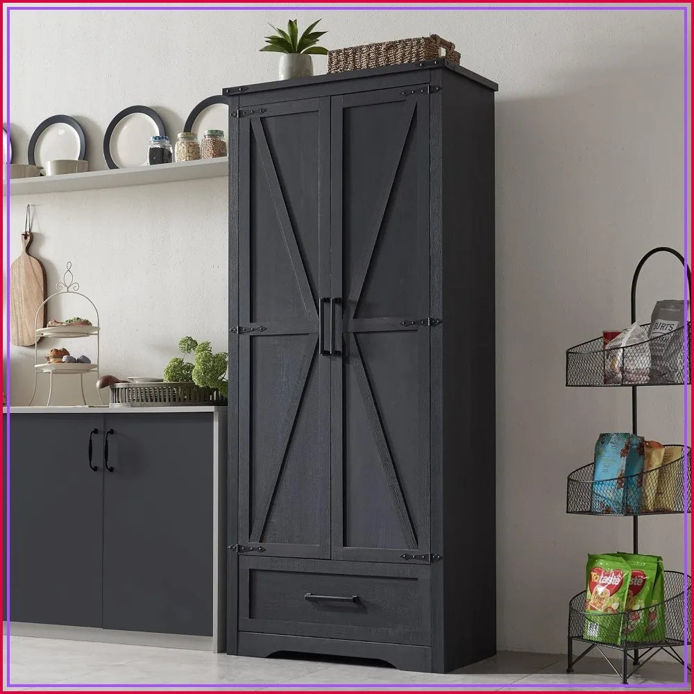 Farmhouse Pantry Cabinet 72in Tall Wood Storage with 2 Barn Doors, Adjustable Shelves & Drawer