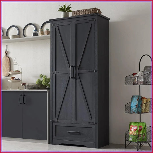 Farmhouse Pantry Cabinet 72in Tall Wood Storage with 2 Barn Doors, Adjustable Shelves & Drawer