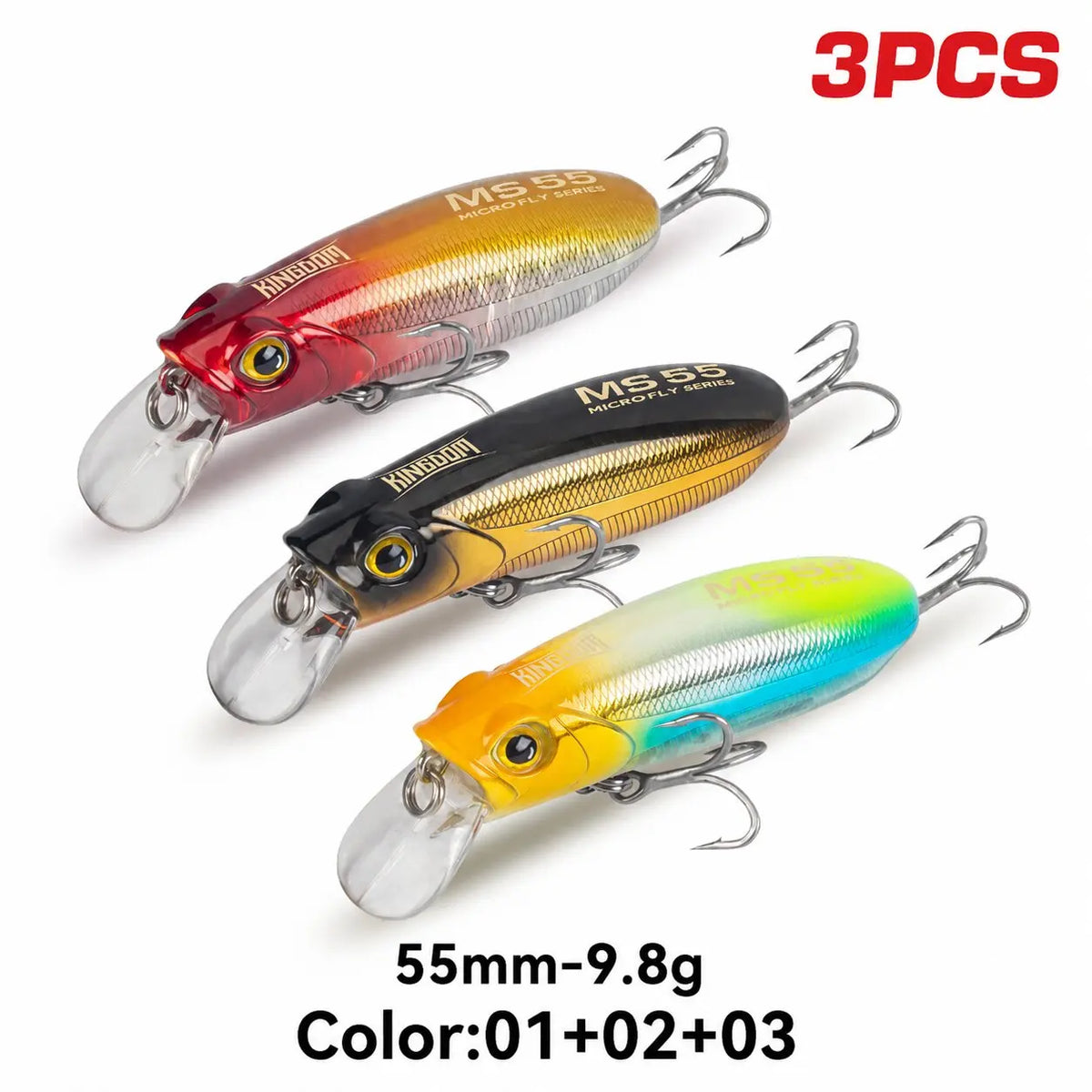 KINGDOM 3PCS Micro-Fish Scales Series Crankbait Lures, Mini Fishing Lure 55mm/65mm Lightweight Hard Bait with Realistic Scale Pattern, Floating Slow Sinking Minnow Baits for Bass Trout Freshwater Fishing