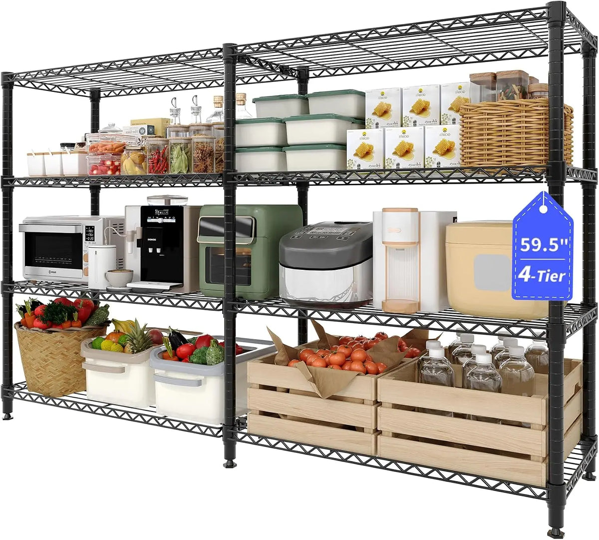 4-Tier Heavy Duty Metal Storage Shelving Unit, 70.8"W X 15.8"D X 59.5"H – Adjustable Wire Shelves, Convertible L-Shaped Rack for Kitchen, Pantry, Garage & Commercial Use