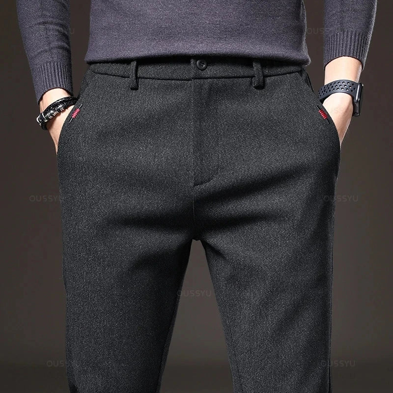 Autumn Winter Men's Casual Pants Solid Color Business Elastic Waist Slim Fit Stretch Thick Gray Black Blue Cotton Trousers Male
