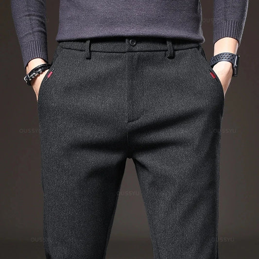 Autumn Winter Men's Casual Pants Solid Color Business Elastic Waist Slim Fit Stretch Thick Gray Black Blue Cotton Trousers Male