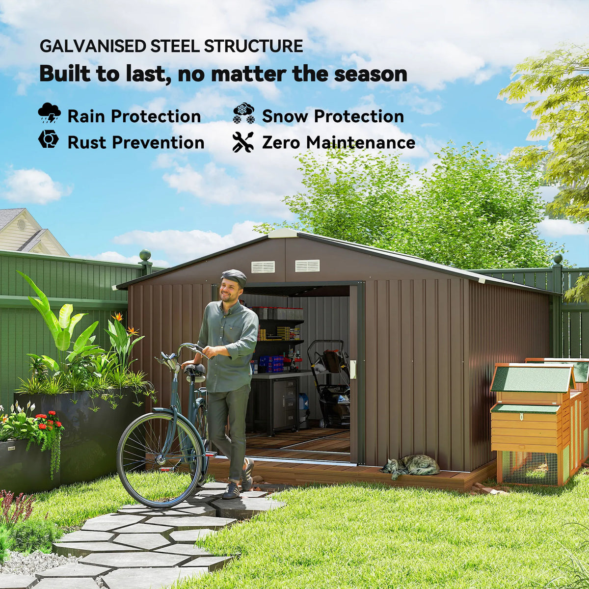 13' x 11' Steel Outdoor Utility Storage Tool Shed for Backyard Garden, Brown