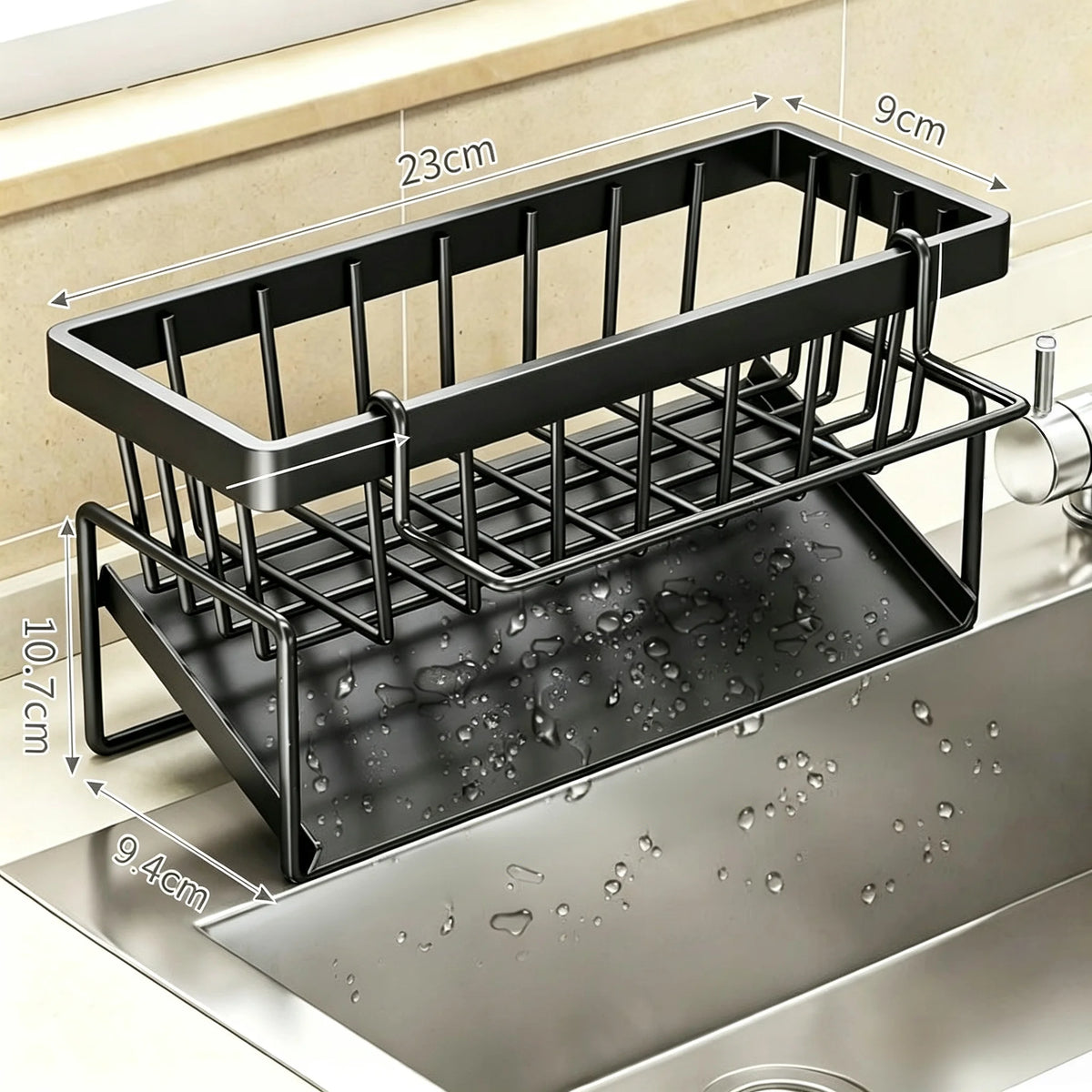 Black Thickened Metal Kitchen Sink Organizer with Drain Tray Rustproof Sponge Brush Soap Caddy Space Saving for Kitchen Bathroom