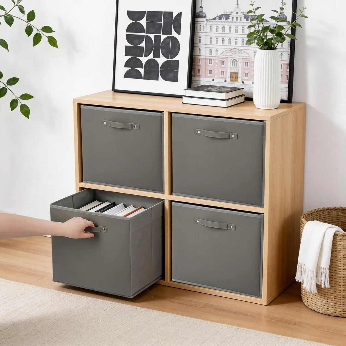 6-Pack 13 Inch Fabric Large Household Storage Box with Faux Leather Handles Foldable Storage Organizer Box for Shelves and Closet, Collapsible Storage Boxes for Clothes Toys
