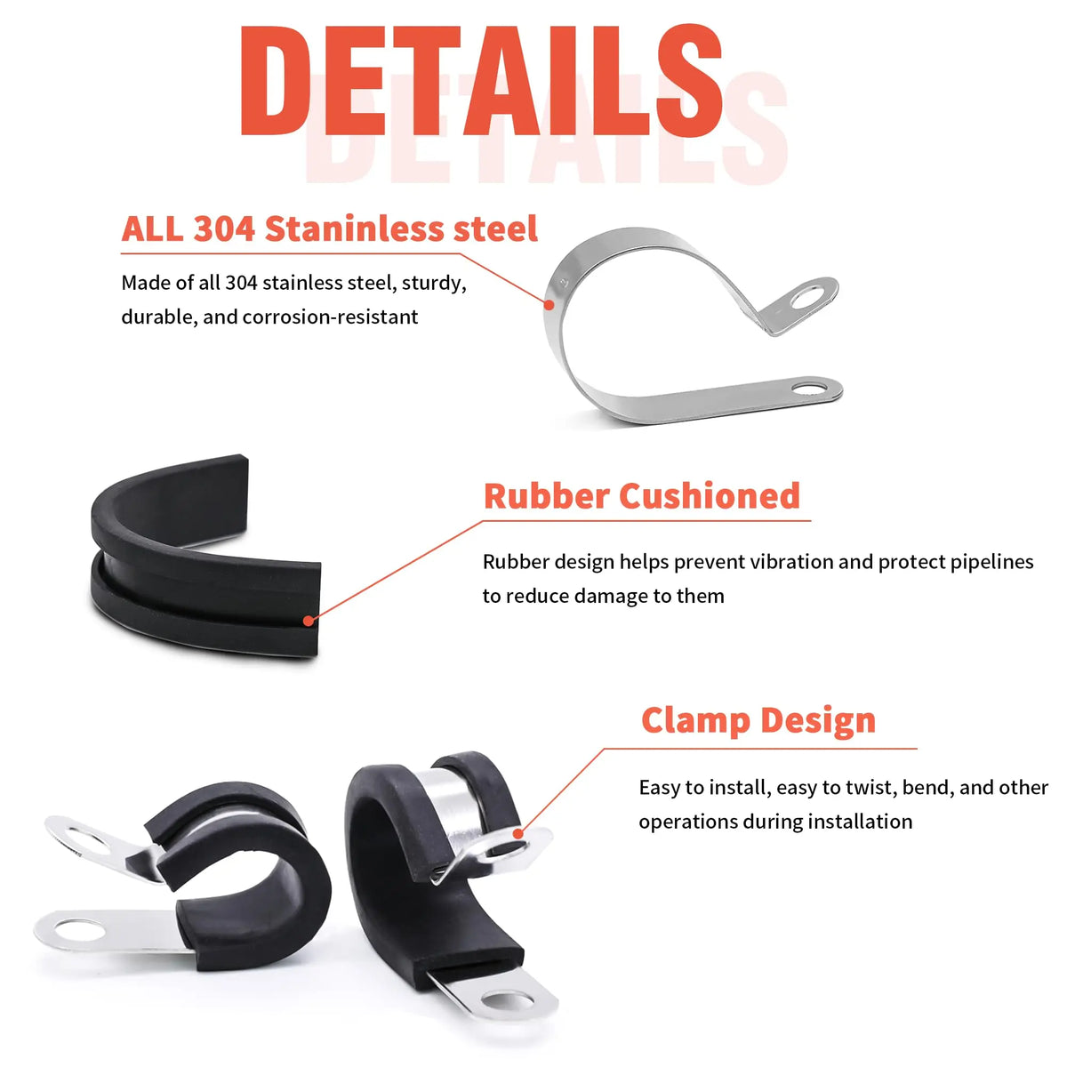 24PCS Stainless Steel Rubber Lined P Clips R-type Cable Mounting Pipe Clamp Hose Clamp Fixed Pipe Bracket Clamp 6-45mm 1/2" 3/4"