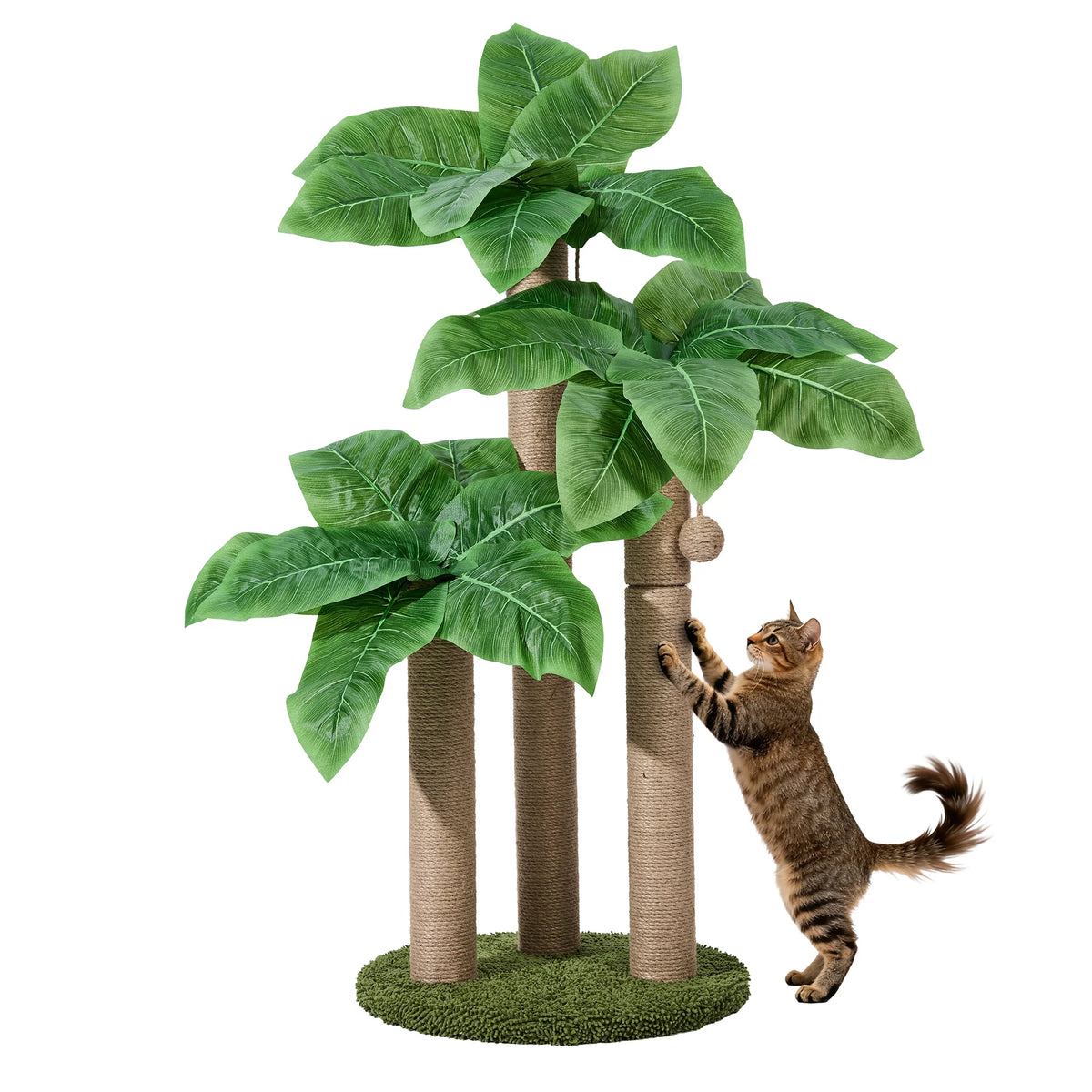 31.5 Exotic Cat Tree Scratching Post With 3 Sisal Poles Canna Leaf Design Weighted Base And Dangling Toy Decorative Indoor Cat Furniture For Kittens And Adult Cats