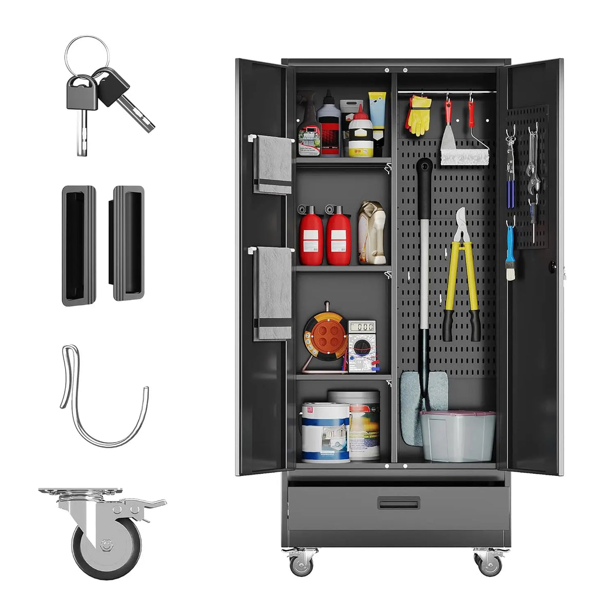 31.5 Inch Wide Metal Garage Storage Cabinet on Wheels with 1 Drawer And 3 Adjustable Shelves Customizable Organization Solution