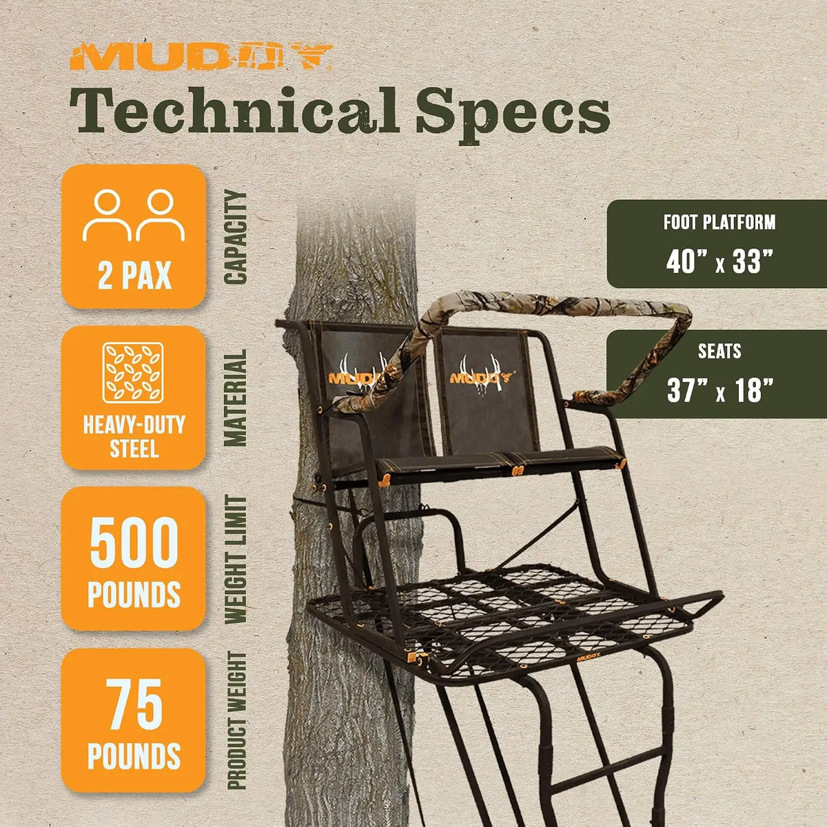 2-Person Ladder Tree Stand for Deer Hunting,17' Tall, Black, Custom