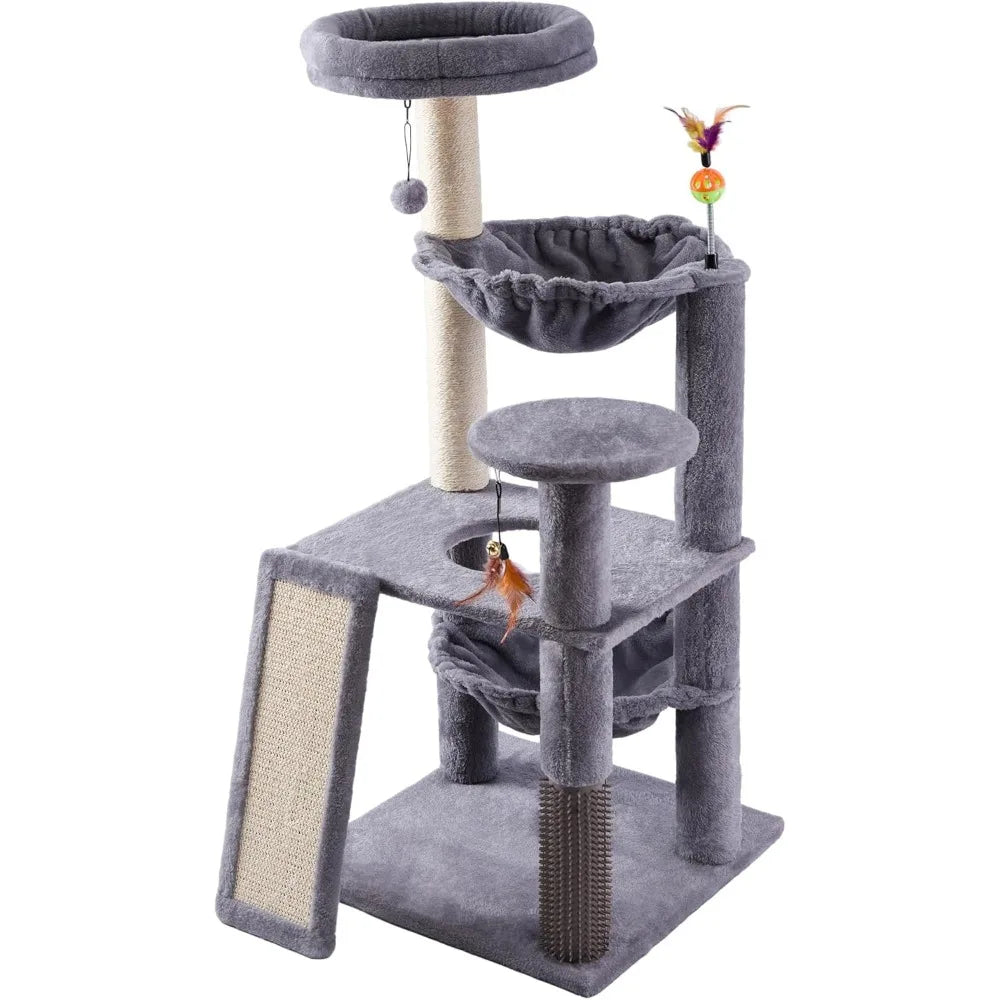Multi Level Cat Tree Tower with Large Hammock Self Grooming Brush Scratch Ladder and Posts for Indoor Climbing Activity