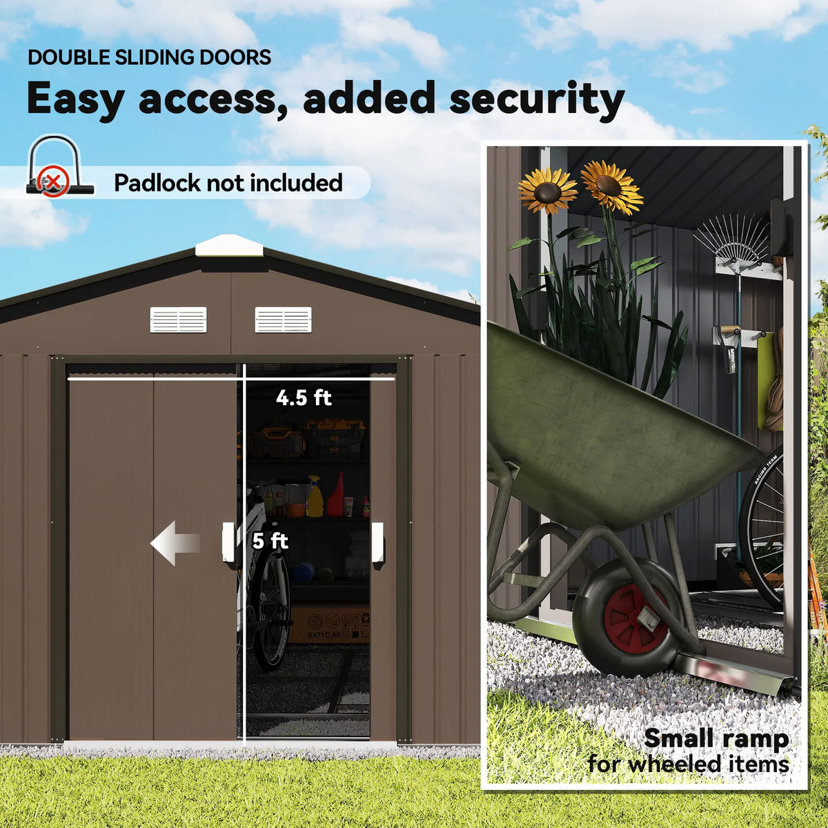 13' x 11' Steel Outdoor Utility Storage Tool Shed for Backyard Garden, Brown